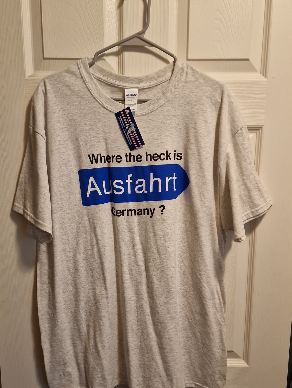 Gildan Light Heather Gray Tee with Blue Ausfahrt Graphic